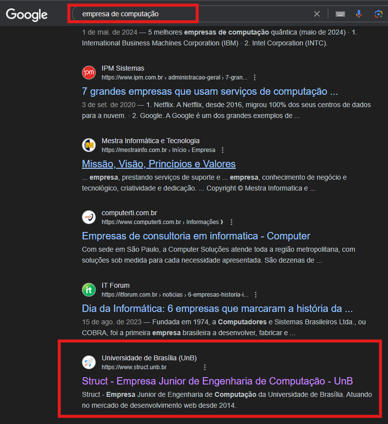 Imagem mostra que a palavra-chave "empresa de computação" resulta em nosso site